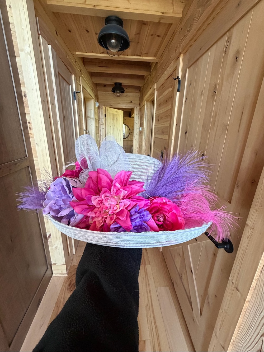 White Brimmed Hat with Pink & Purple Floral Accents